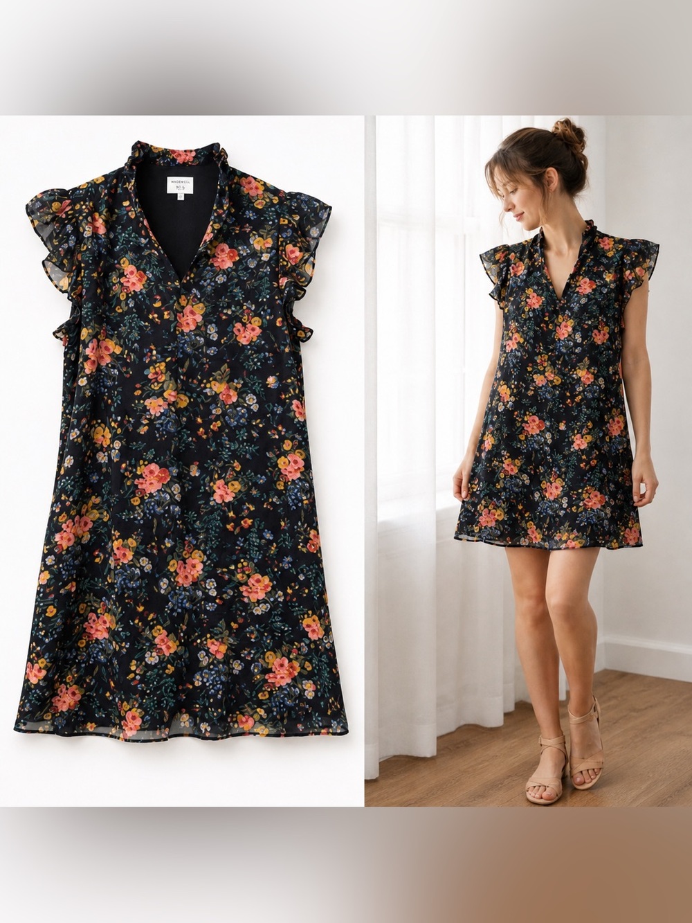 Madewell No.6 Silk Floral Mini Dress Black Size 8 Ruffle Cottagecore Prairie Art